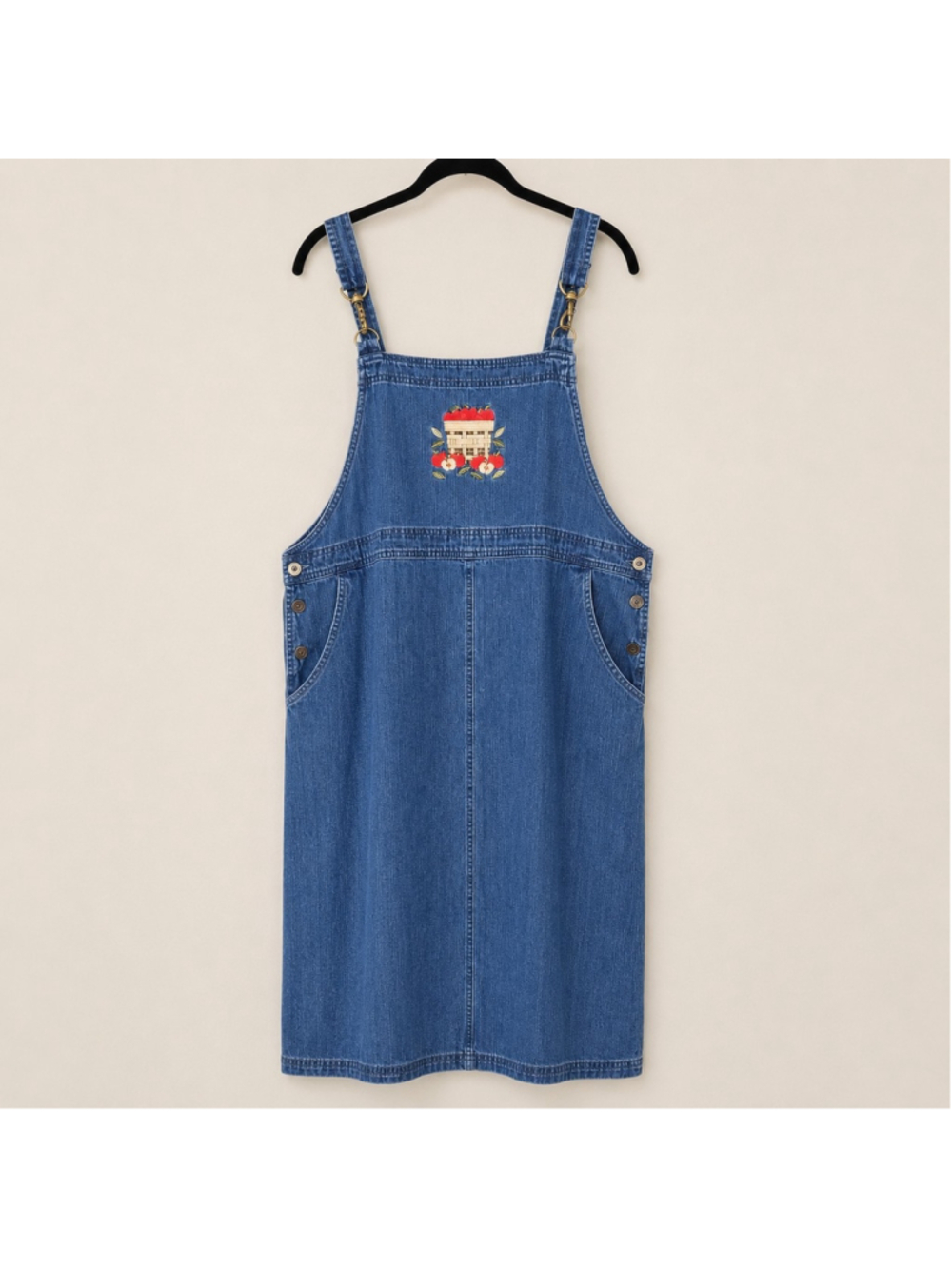 VTG 90s CC Hughes Embroidered Denim Jumper Dress 2X Blue Apples School Teacher